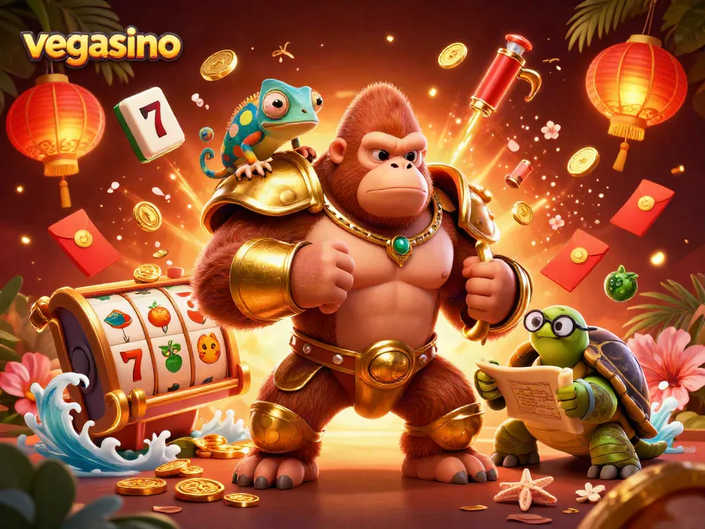Play exciting slots at vegasino with vibrant characters in an ultra-detailed digital illustration.
