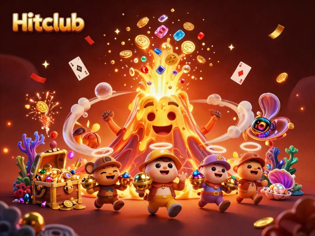 Hitclub showcases an exciting scene of a golden volcano erupting coins, surrounded by playful characters and casino elements.