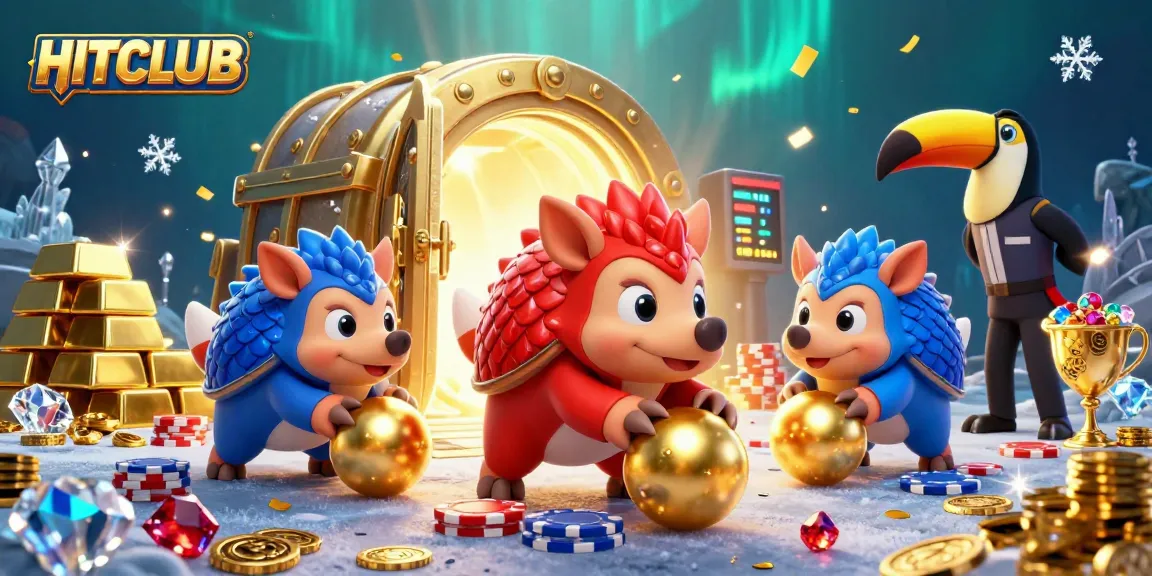 HITCLUB pangolins compete in a vibrant casino scene, surrounded by treasures and poker chips.