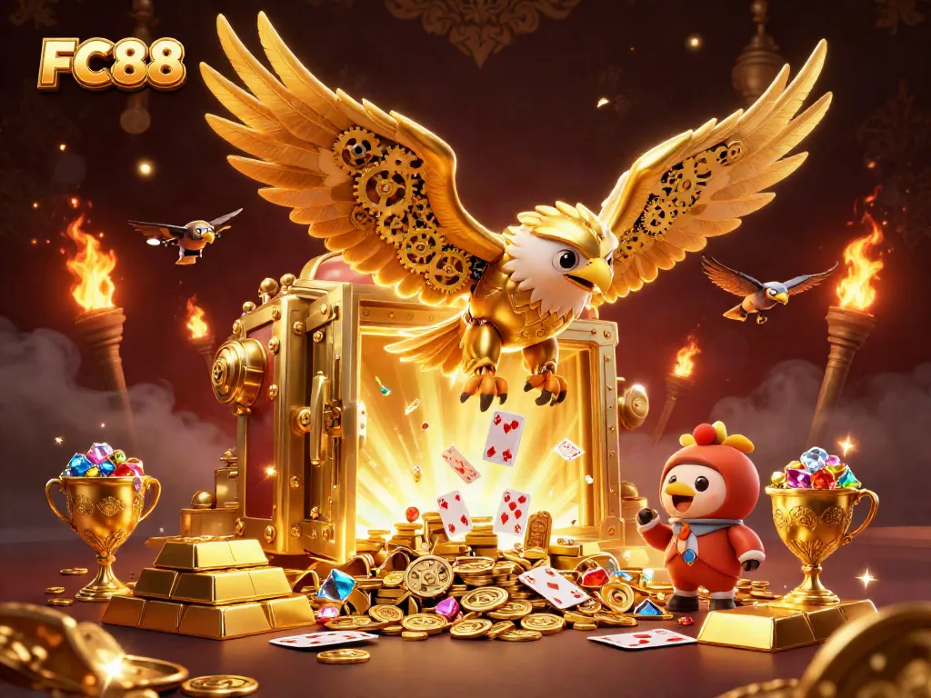FC88 brings excitement to players, featuring a golden eagle amid casino elements.