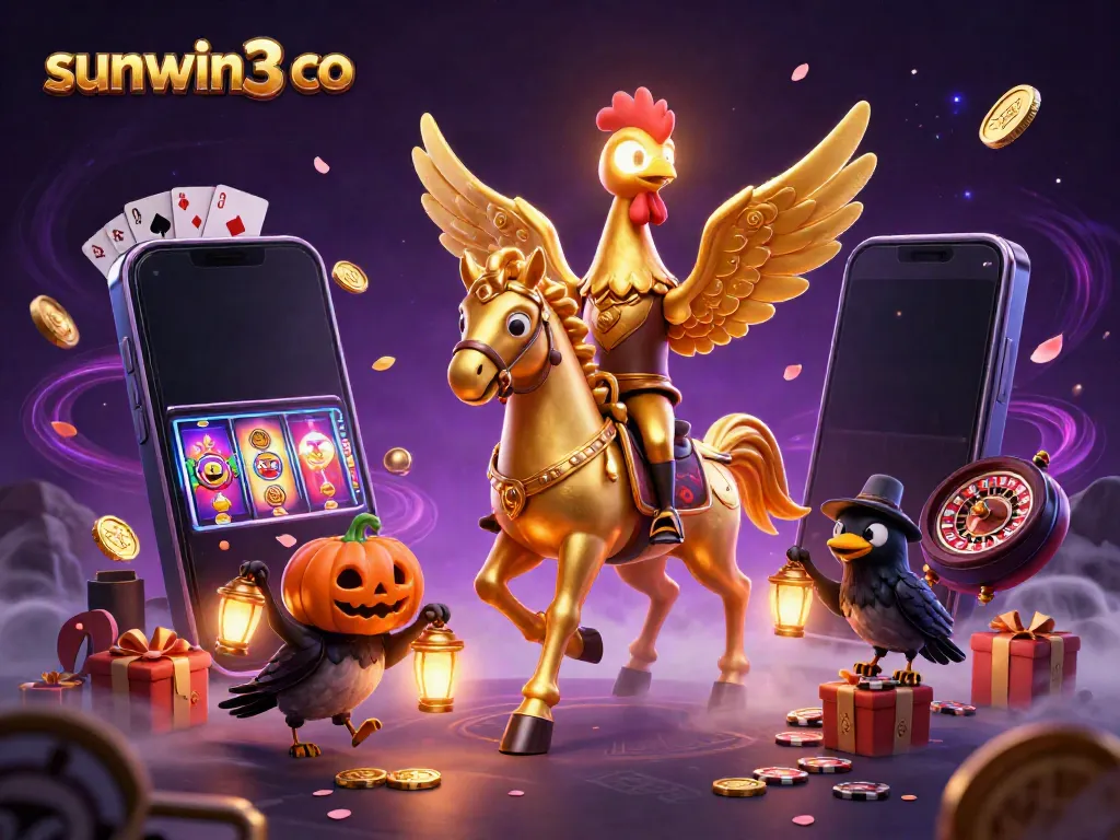 Experience thrilling gaming action with sunwin3 co, featuring a golden rooster and casino elements.