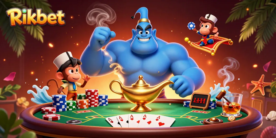 Experience exciting gambling at Rikbet with a vibrant 3D illustration of a genie, monkey, and poker elements.