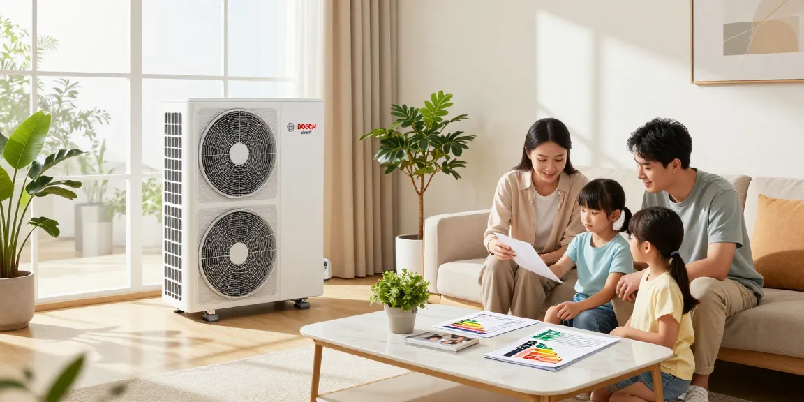 Energy-efficient wärmepumpe bosch installed in a modern home setting with family discussing energy savings.