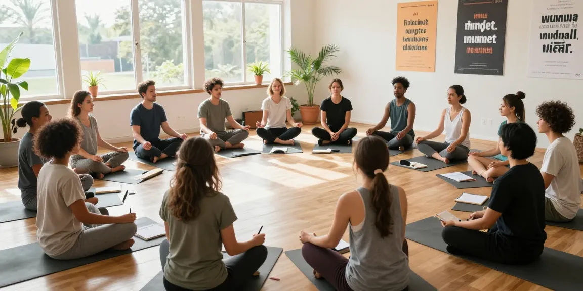 Mindset stärken in einem inspirierenden Workshop mit Teilnehmern, die an einer geführten Achtsamkeitsübung teilnehmen.