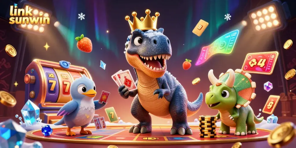 This dynamic casino illustration depicts exciting gaming with the link sunwin brand prominently featured, showcasing characters and gold elements.