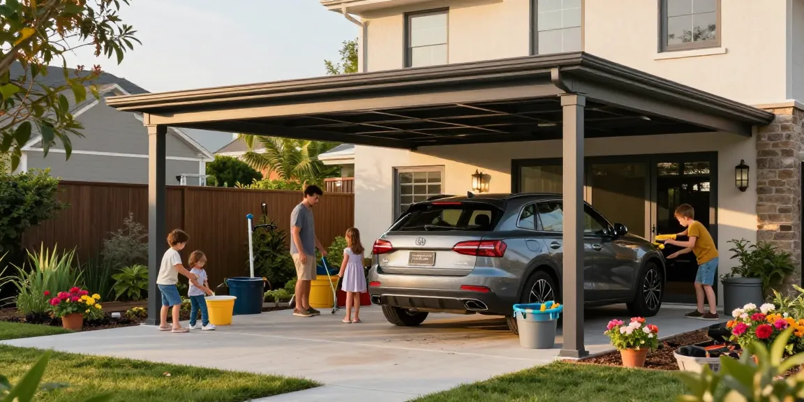 Moderne Carport-Installation mit einer Familie, die ihren Außenbereich gestaltet.