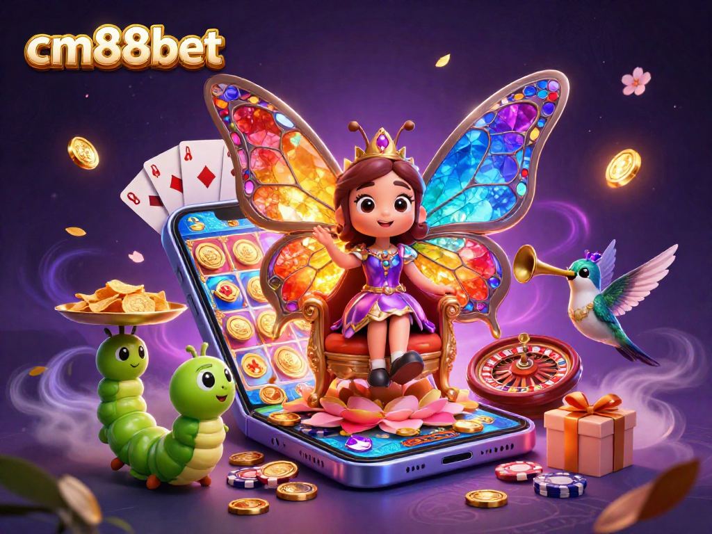 Experience the excitement of cm88bet with a vibrant casino-themed 3D illustration featuring a butterfly queen.
