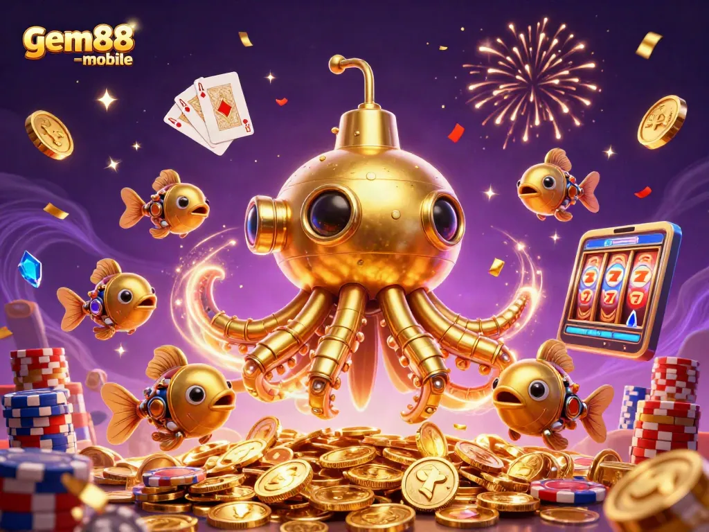 Celebrate wins with gem88-mobile in an energetic casino environment filled with golden coins and playing cards.