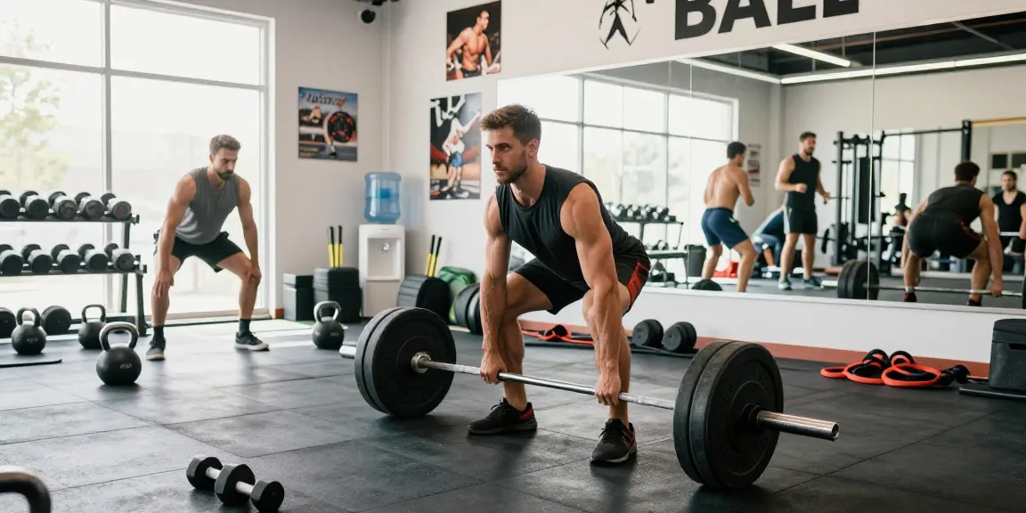 Aktiver Mann mit Gewichten im Astera Shop, moderne Fitnessstudio-Atmosphäre