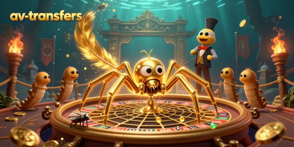 Spin and win at av-transfers with a lively scene featuring a golden roulette wheel and dynamic characters.