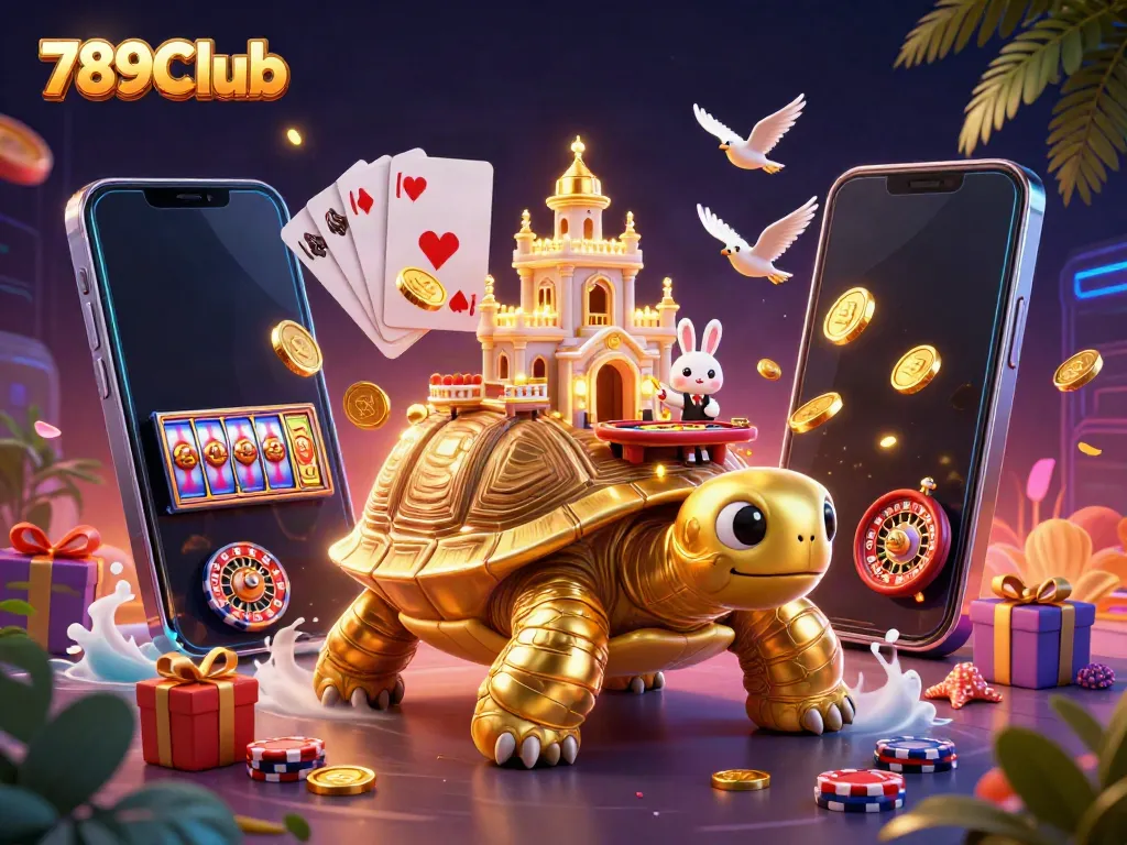 Engage with the vibrant 789Club gaming world featuring a giant tortoise casino, rabbit dealer, and golden coins.