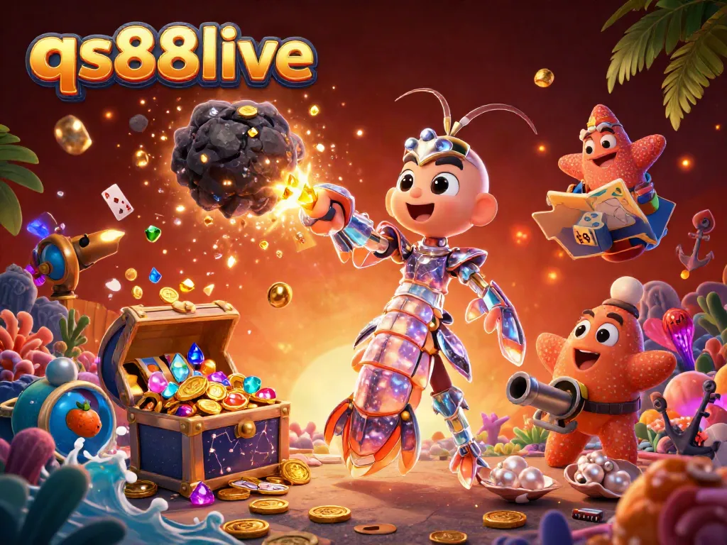 Engage in thrilling wins with qs88live, featuring a galactic samurai shrimp in a vibrant casino underwater scene.