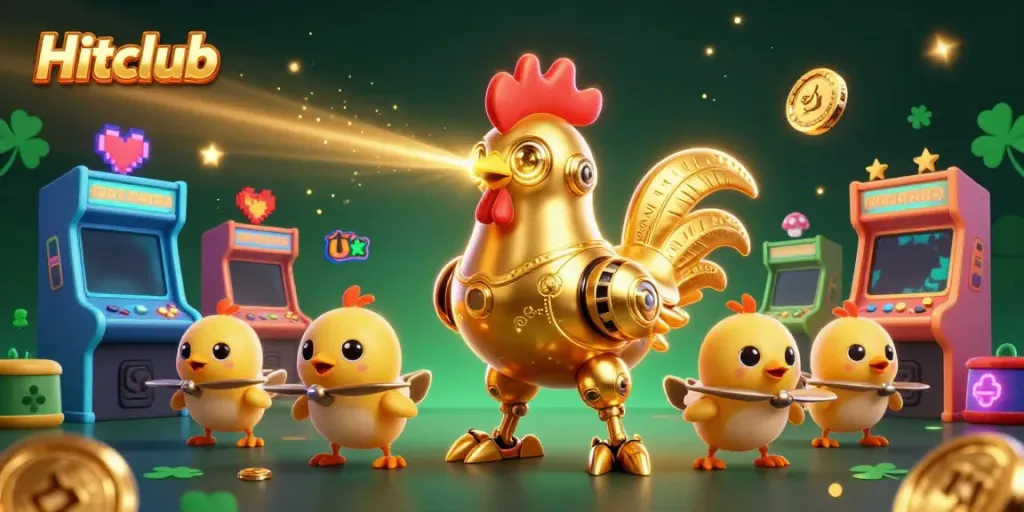 Hitclub brings excitement with golden rooster robots and arcade games in a vibrant casino atmosphere.