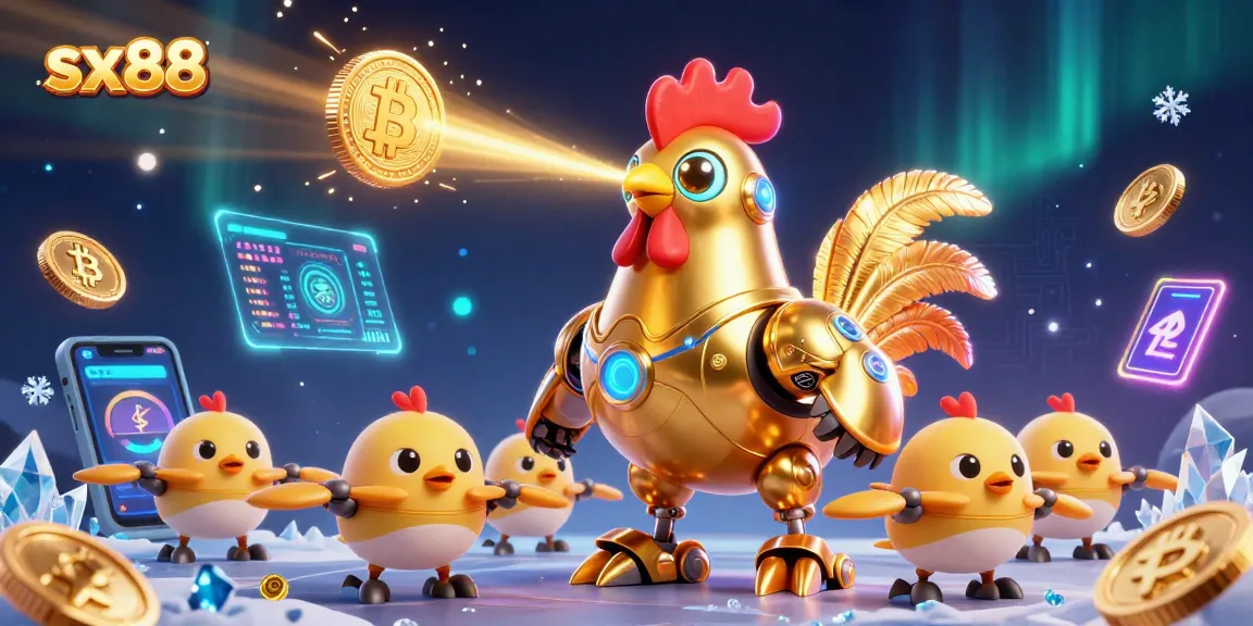 SX88 immerses players in a vibrant casino world with energetic golden rooster robot and crypto elements.
