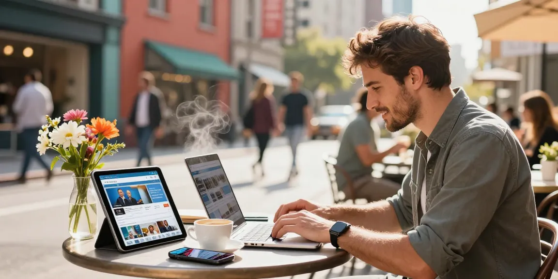 Journalist working on newsbochum updates at outdoor café with vibrant city backdrop.