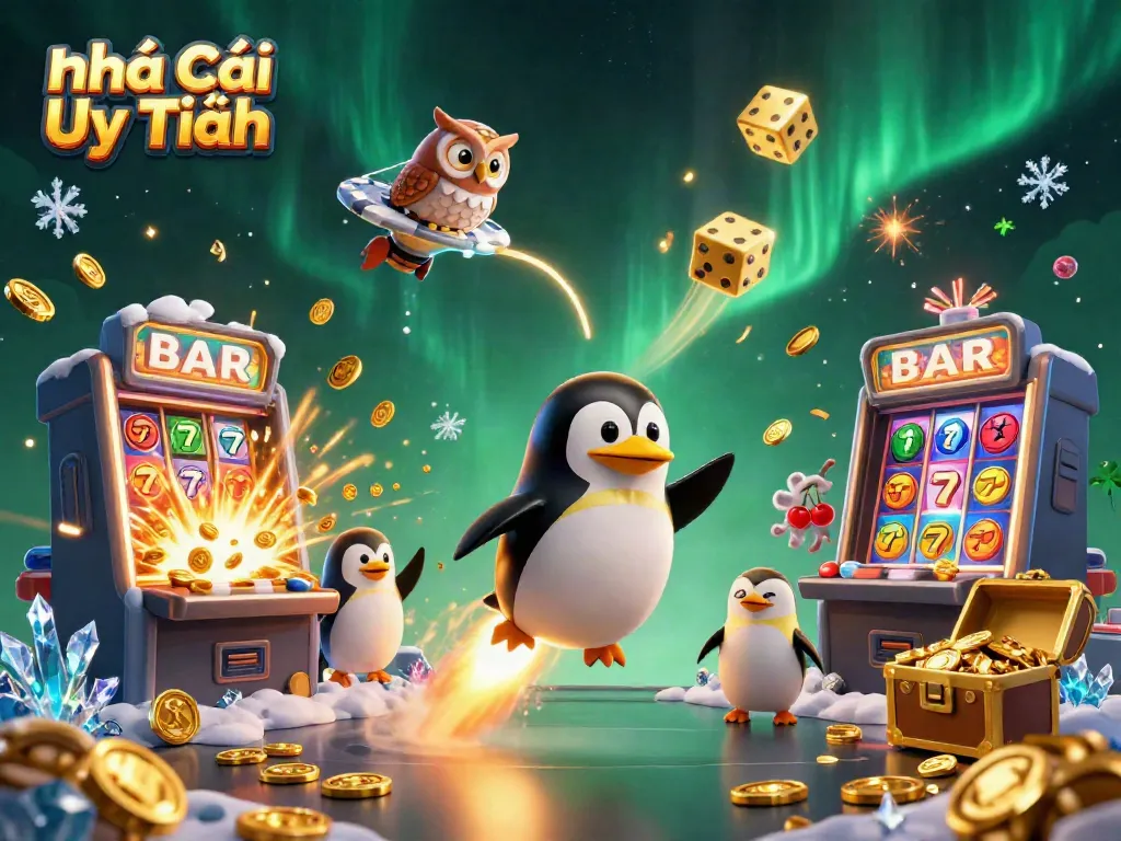 Play engaging games at Nhà Cái Uy Tín with vibrant casino elements, including coins, slots, and a dynamic atmosphere.