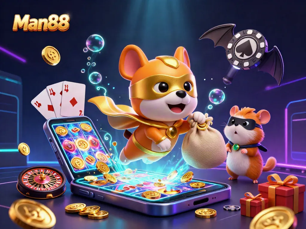Man88 captures thrilling online casino excitement with a 3D superhero dog and hamster in action.