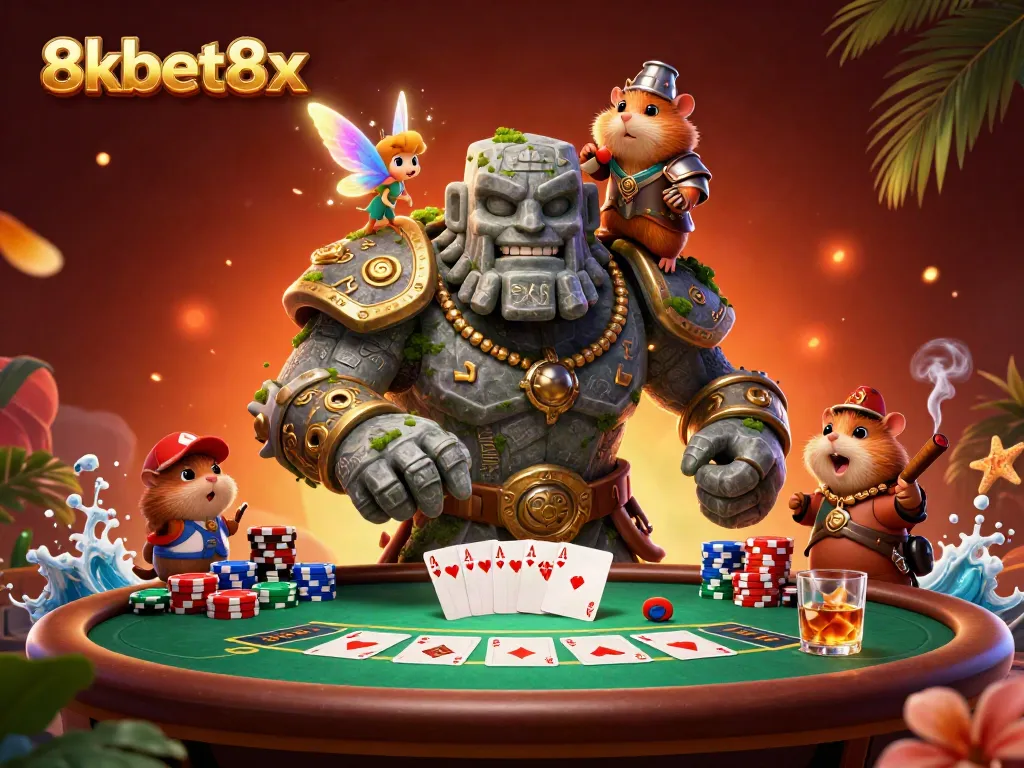 Experience thrilling gameplay at 8xbet8x with fantasy characters and poker elements in a vibrant casino scene.