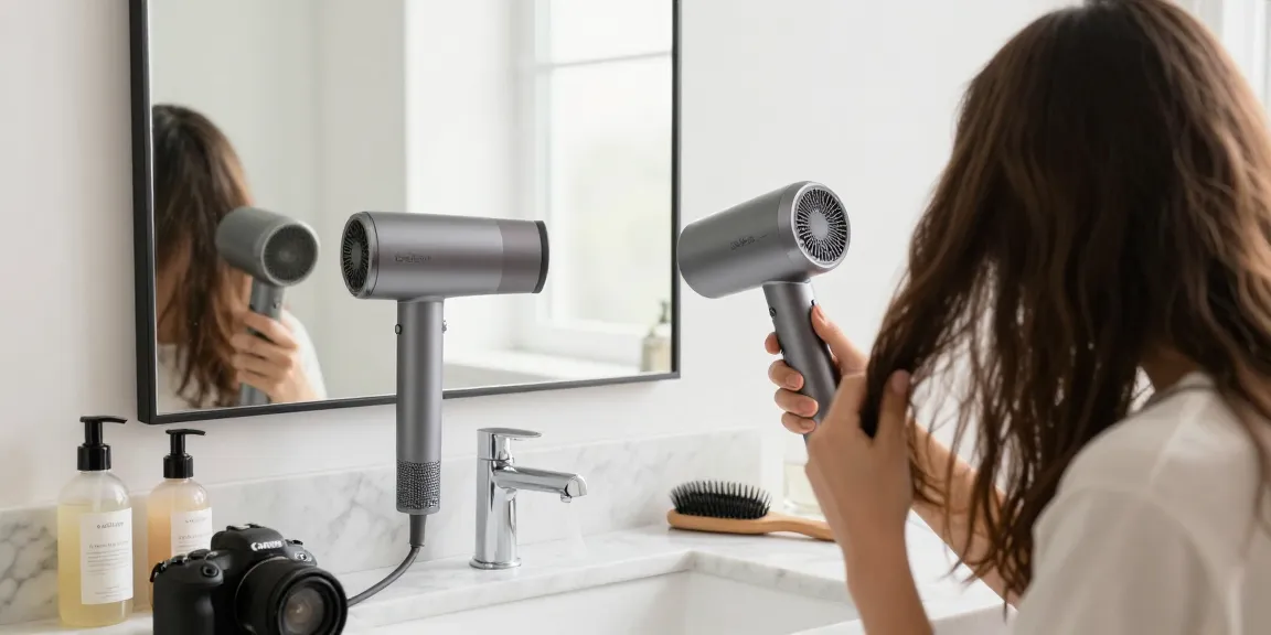 Stylischer Laifen Föhn in einem modernen Badezimmer, während eine Person ihre Haare trocknet.