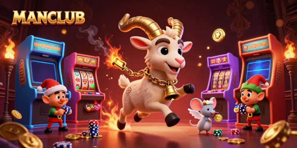 MANCLUB casino scene with Krampus goat, angel mouse, and elf gremlins in action.