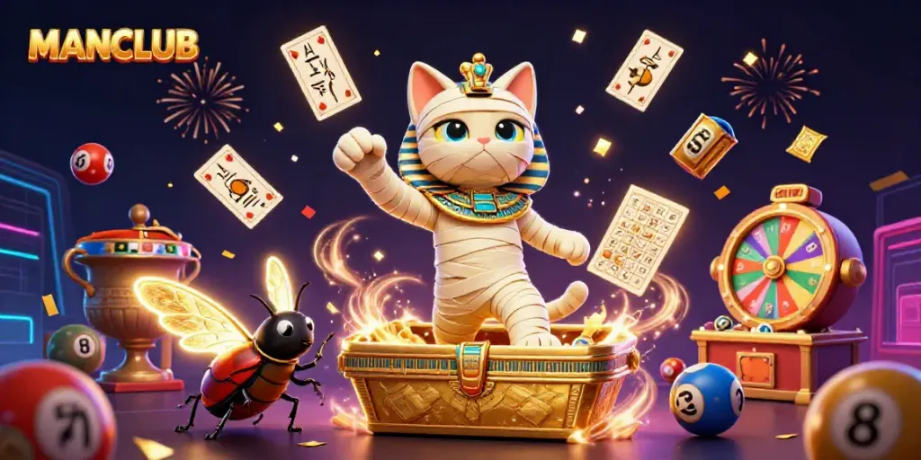 Engage with MANCLUB's vibrant casino world featuring a mummy cat and dynamic gaming elements.