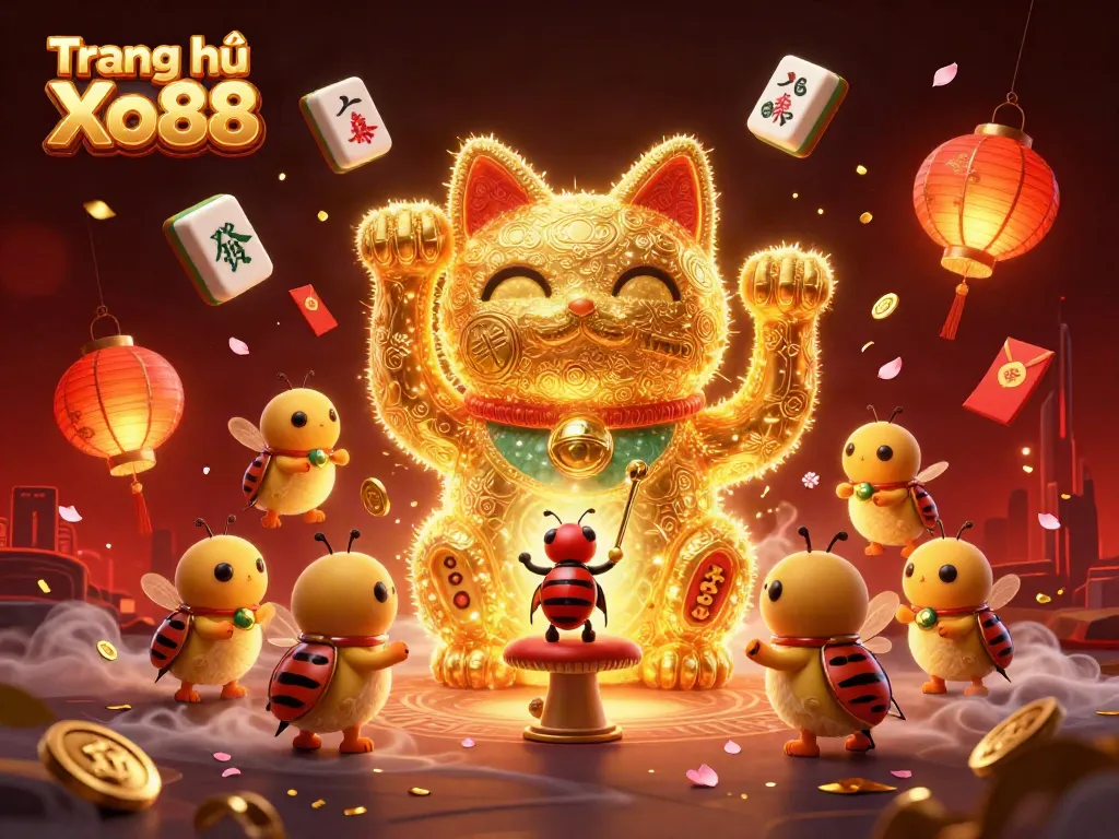Experience the lively scene of Trang chủ Xo88, featuring captivating gambling symbols and a lucky cat.