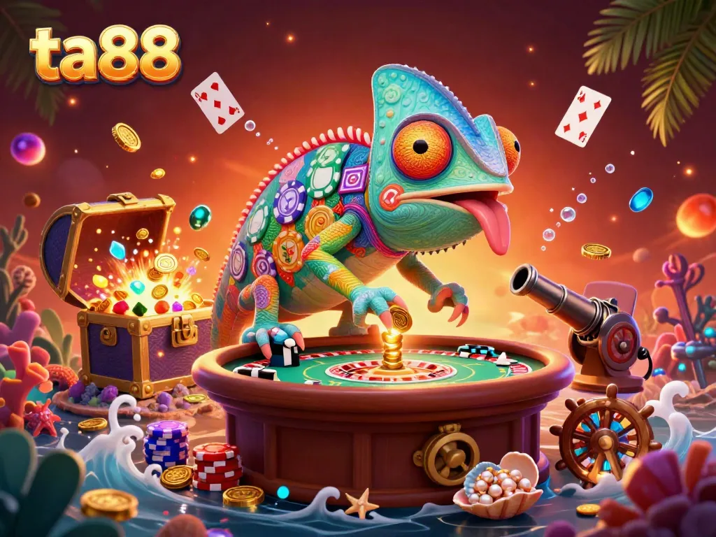 Experience casino excitement at ta88 with a vibrant 3D illustration capturing a chameleon casino owner.