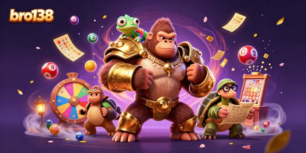 Engage with the vibrant action of bro138's dynamic gambling scene featuring a mighty gorilla and his chameleon comrade.
