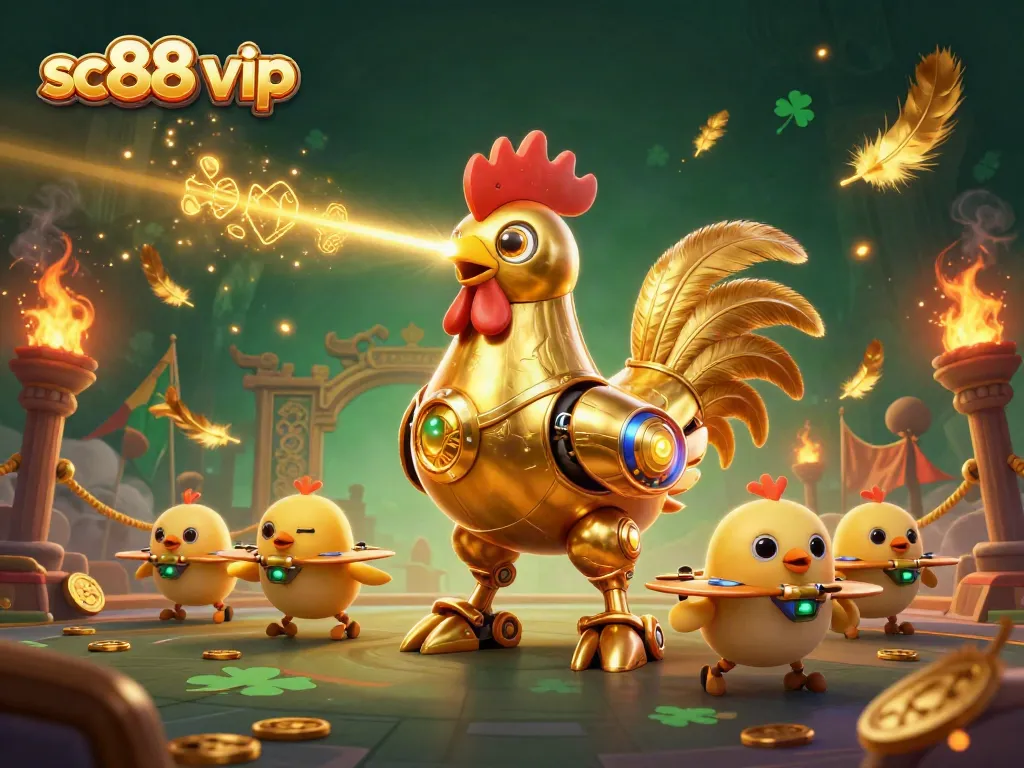 Engage with sc88 vip energy through dynamic casino action, featuring a golden rooster robot and baby chick drones.