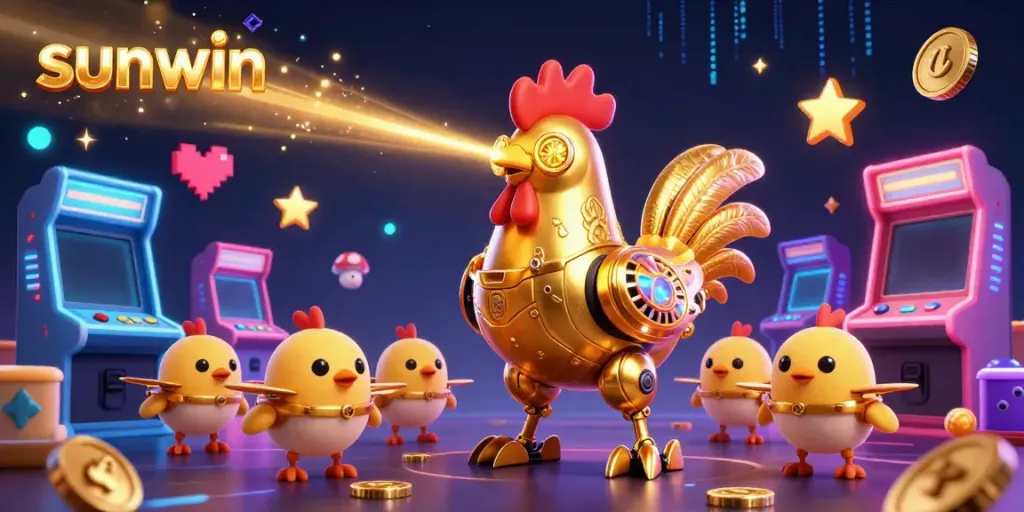 Engage with the exciting gaming world of sunwin featuring golden rooster robot and dynamic arcade elements