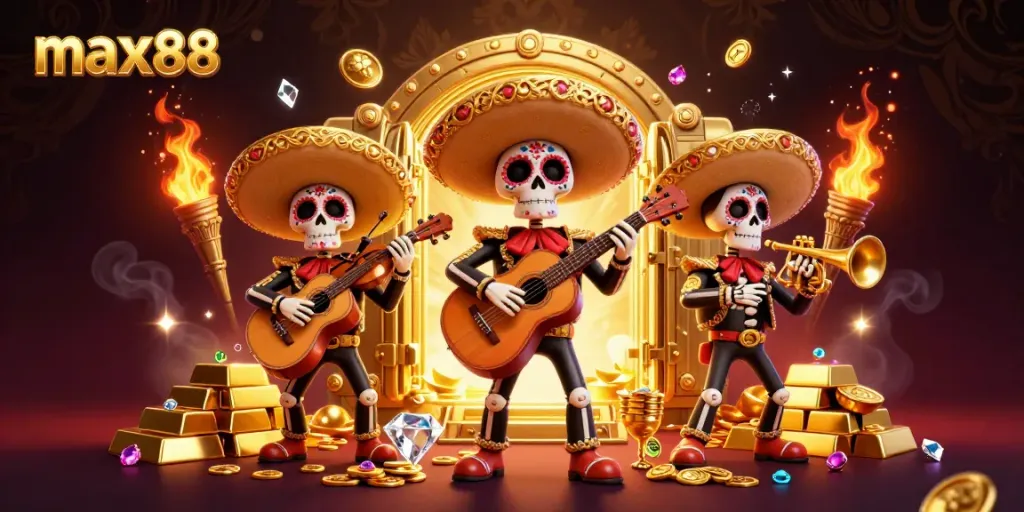Experience the max88 casino thrill with vibrant illustrations of mariachi skeletons surrounded by treasures.