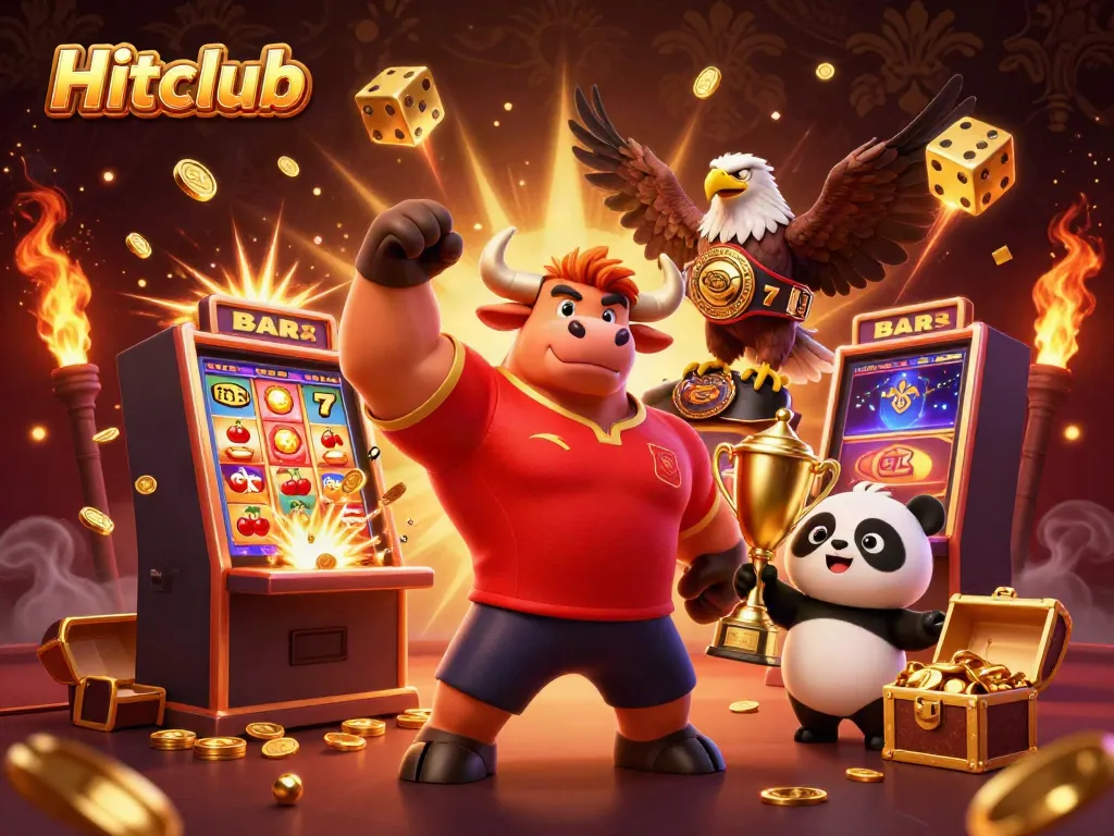 Hitclub mascot trio celebrates with explosive slot machine action and vibrant casino elements.