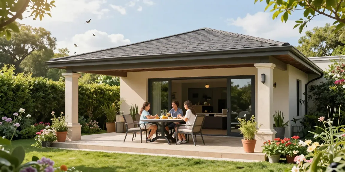 Terrassenüberdachung freistehend in einem Garten, Familie genießt die Zeit im Freien.