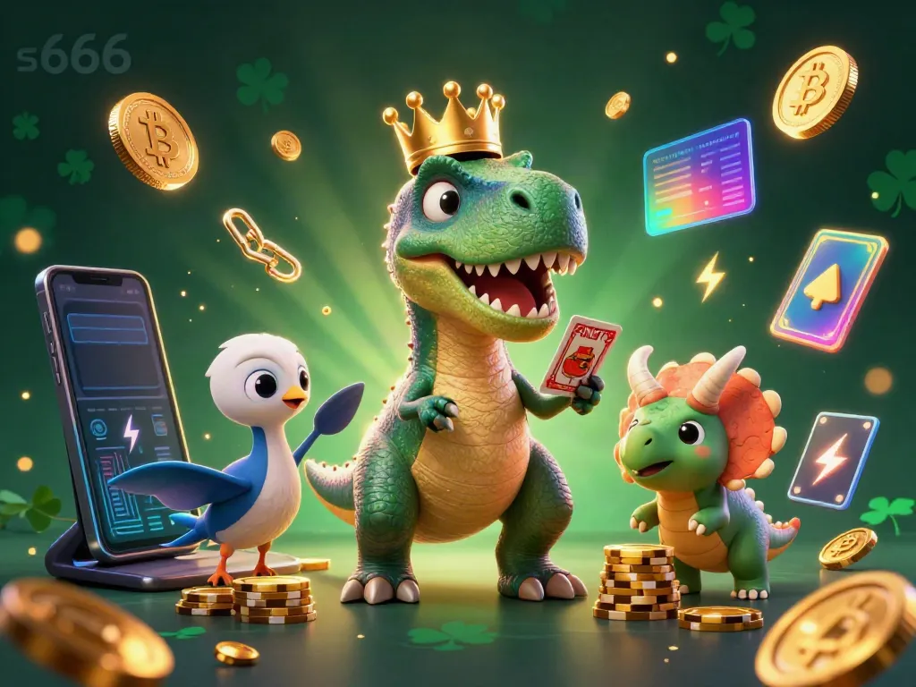 S666 casino scene with T-Rex card shuffling, pterodactyl assisting, and triceratops stacking chips.