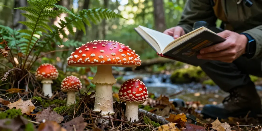 Fliegenpilz kaufen: Rote Kappen im Wald mit einer Person, die die Pilze untersucht.