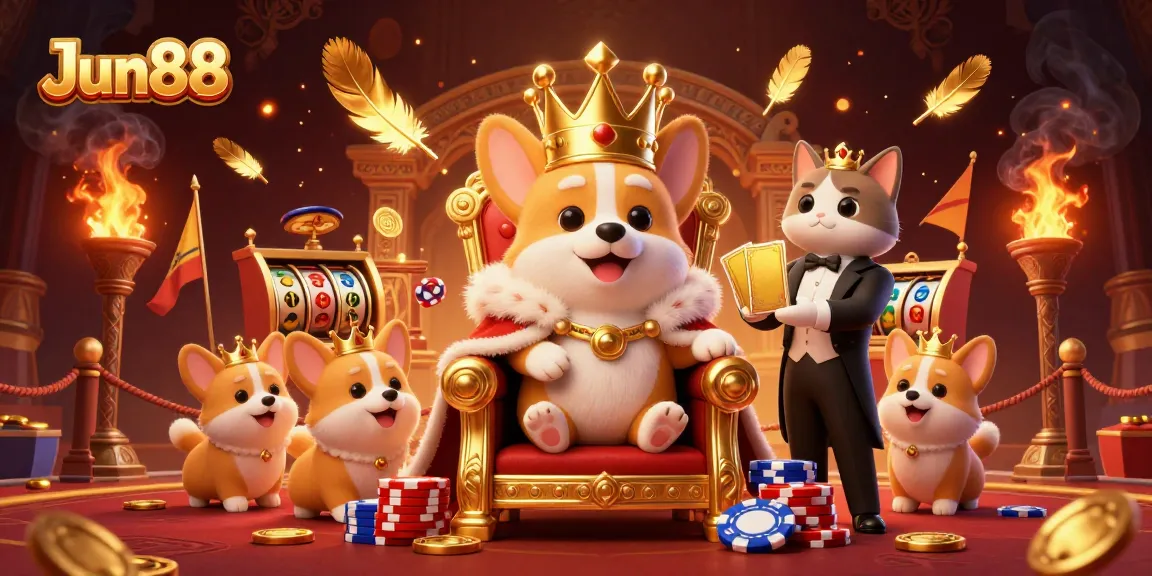 Engage in thrilling slot games with Jun88, highlighted by a royal corgi throne and vibrant casino ambiance.