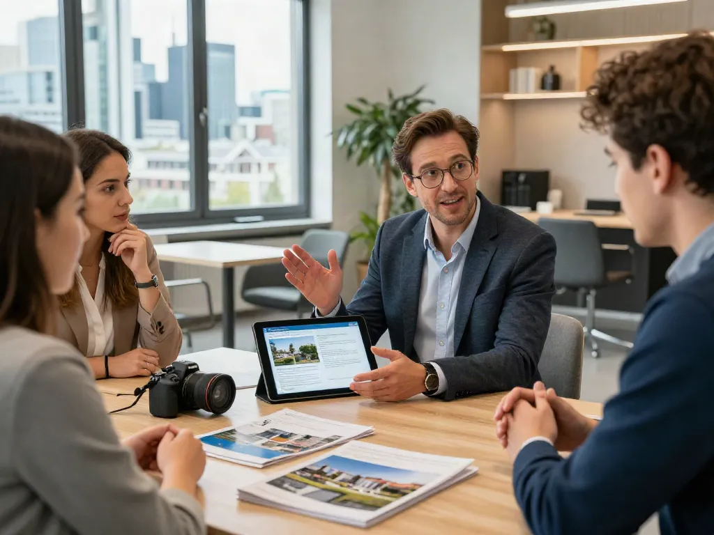Bester Immobilienmakler Frankfurt berät Kunden in modernem Büro mit Stadtblick.