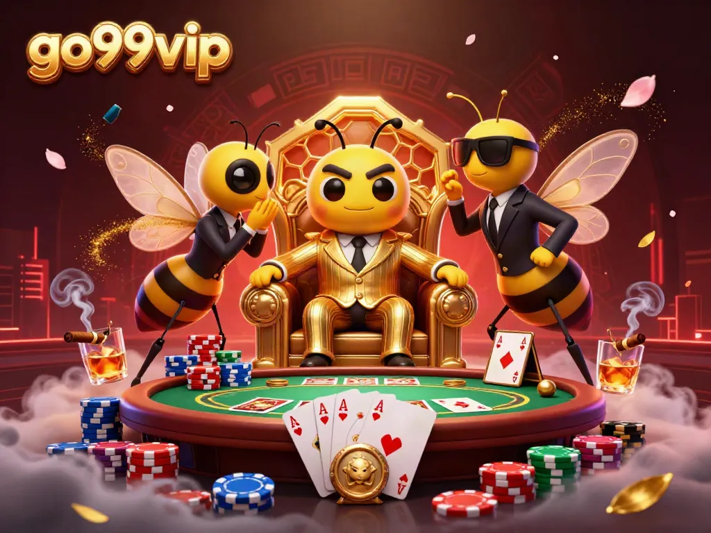 Go99vip shines in a vibrant casino scene with a bumblebee mob boss, poker chips, and a butterfly informant.