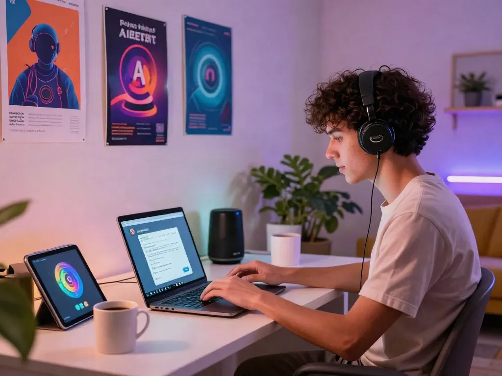 Engaging in spicy AI chat in a modern home office with vibrant decor.