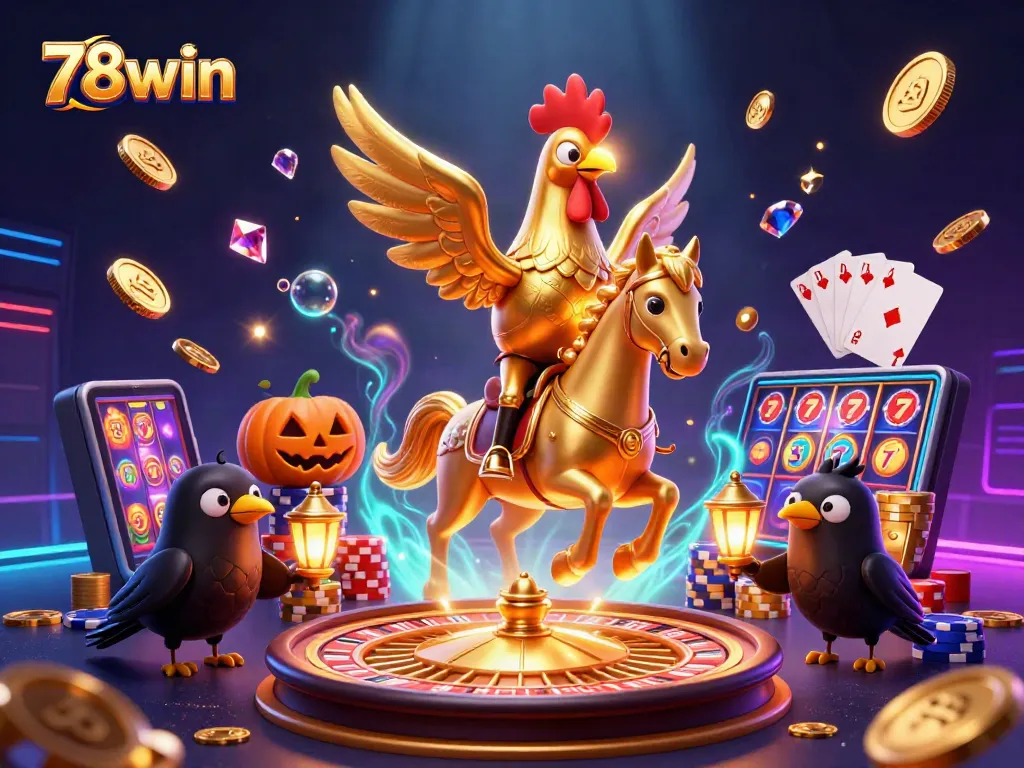 Experience winning thrills with 78win amidst golden coins and casino games in a vibrant 3D scene.