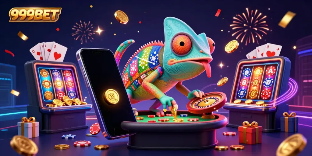 Engage with the 999BET chameleon casino owner collecting coins amidst a vibrant gaming scene.