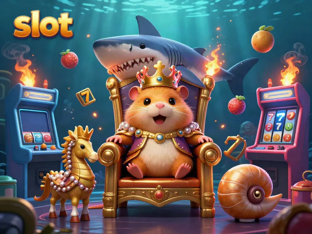 Spin and win with vibrant slot elements in a 3D underwater casino scene featuring a golden hamster king.