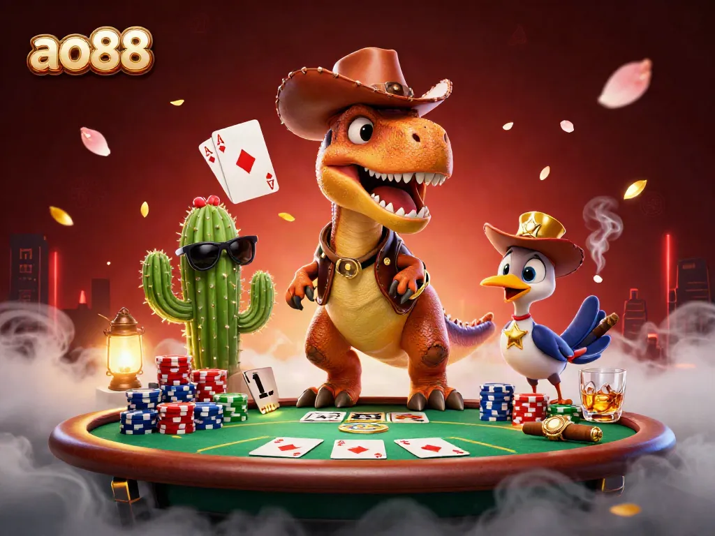 Experience exhilarating poker gameplay with the vibrant ao88 themed 3D scene featuring iconic characters and a lively atmosphere