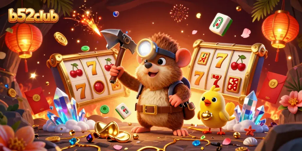 Join b52club for thrilling casino adventures with a cartoon treasure hunter in a vibrant game world!