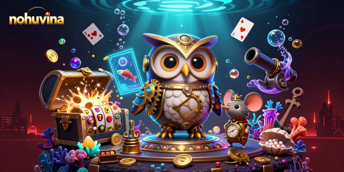 Engage with nohuvina’s exciting slot games through a whimsical 3D casino illustration.
