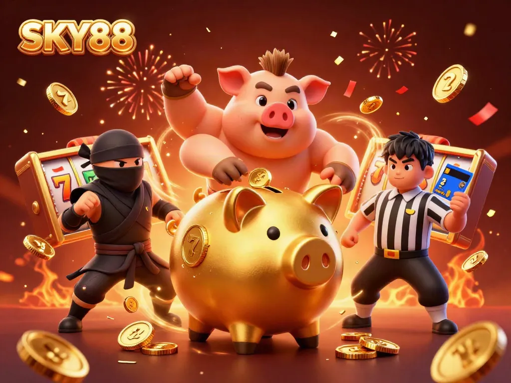 SKY88 showcases vibrant casino characters in a dynamic, festive scene filled with slot elements and gold confetti.