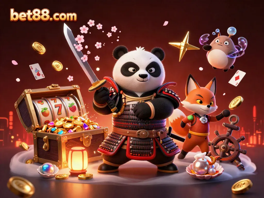 Experience thrilling gameplay at bet88. com with a vibrant scene featuring a samurai panda, ninja fox, and enchanting magical elements.