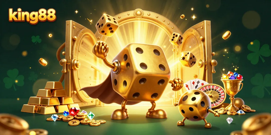 Experience the excitement of king88 gambling with a dynamic scene of golden dice golem juggling treasures.