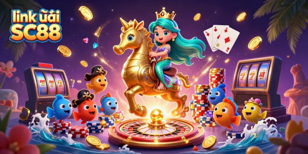 Spin to win with link vào SC88 in this vibrant, magical casino-themed 3D illustration.