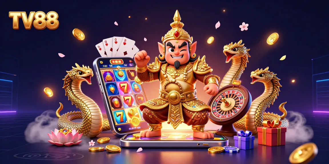 Engage with TV88's thrilling gaming world featuring vibrant slot games and a friendly temple guardian.
